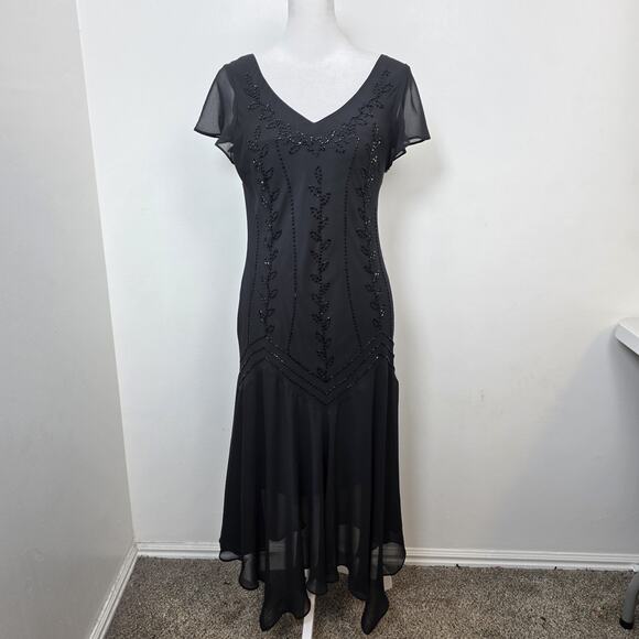S.L. Fashions Black Beaded 90's Flapper Party Feminine Midi Dress Size 8 - Picture 1 of 7